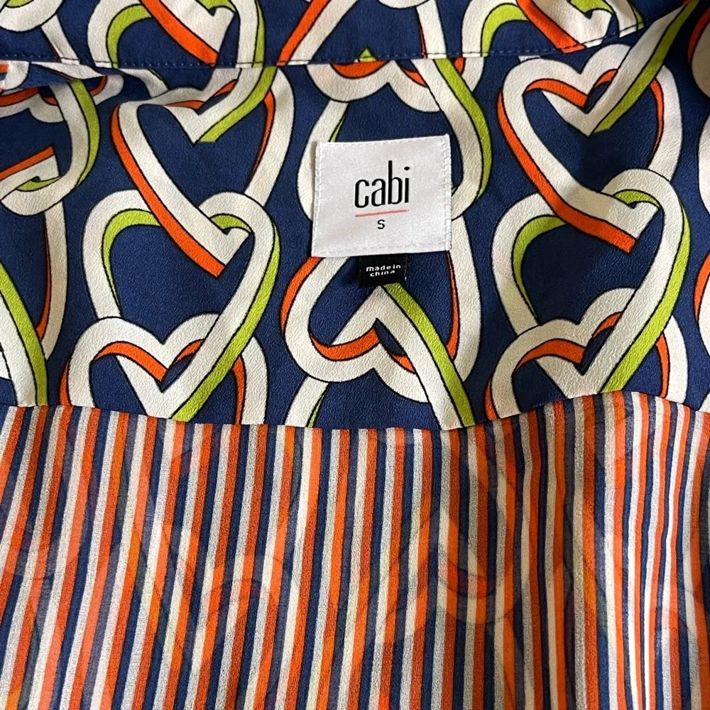 Cabi Amour Dress Size S Heart Chain Print Navy Blue White Collared Casual